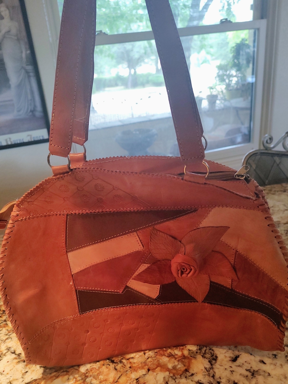 Women's vintage Patchwork Leather Shoulder Bag with Rose Accent - Brown